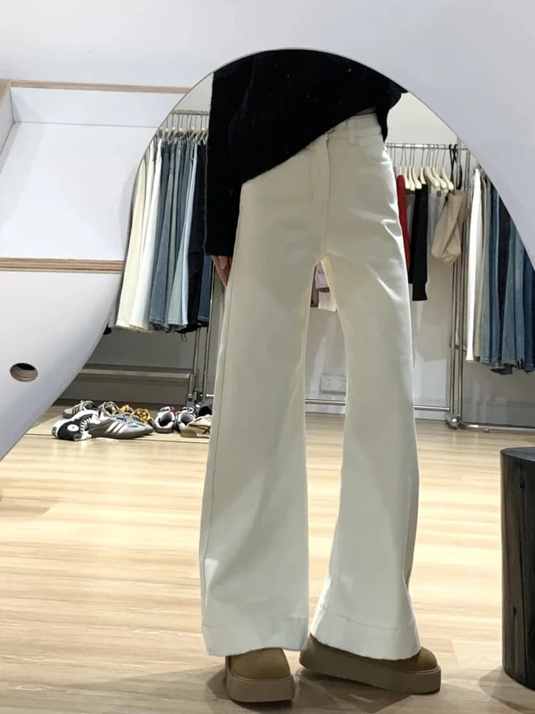 Jeans a Vita Alta e Gamba Larga da Donna, Nuovo Stile Autunno Inverno, Pantaloni Slim Fit a Gamba Dritta Leggermente Svasati in Beige