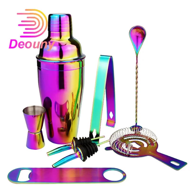 DEOUNY 8PCS In Acciaio Inox Colorato Cocktail Shaker Mixer Alcol Muddler Martini Per Barista Bere Vino Set di Accessori