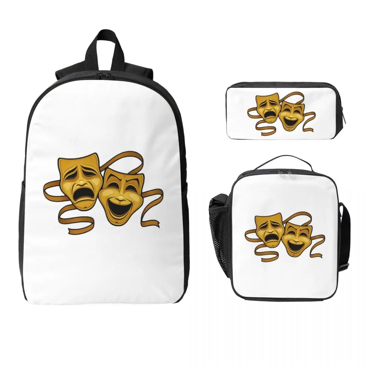 Gold Comedy And Tragedy Theater Backpack Boys Girls BookBag School Bag Laptop Shoulder Bags 3ps Insulated Lunch Bag Pencil Case