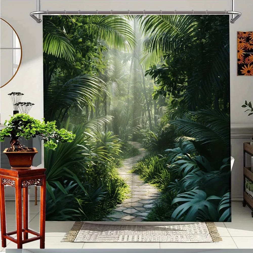 Tenda da doccia con natura tropicale da 1 pezzo: design vibrante, verde lussureggiante e percorso illuminato dal sole, tessuto in poliestere resistente, 70,8x70,8 pollici