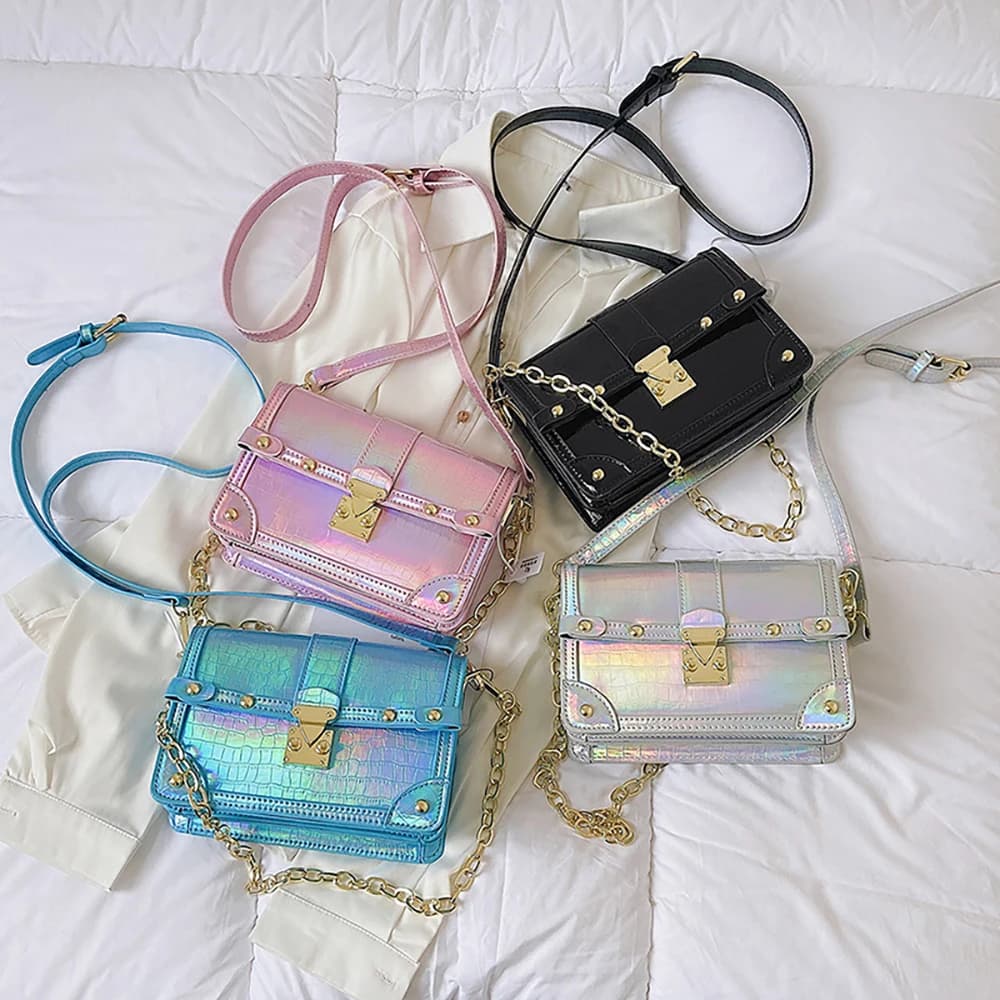 Borse a tracolla singole quadrate con design elegante con fibbia da donna Borse piccole a catena lucide colorate Borsa a tracolla di nuova moda 2025
