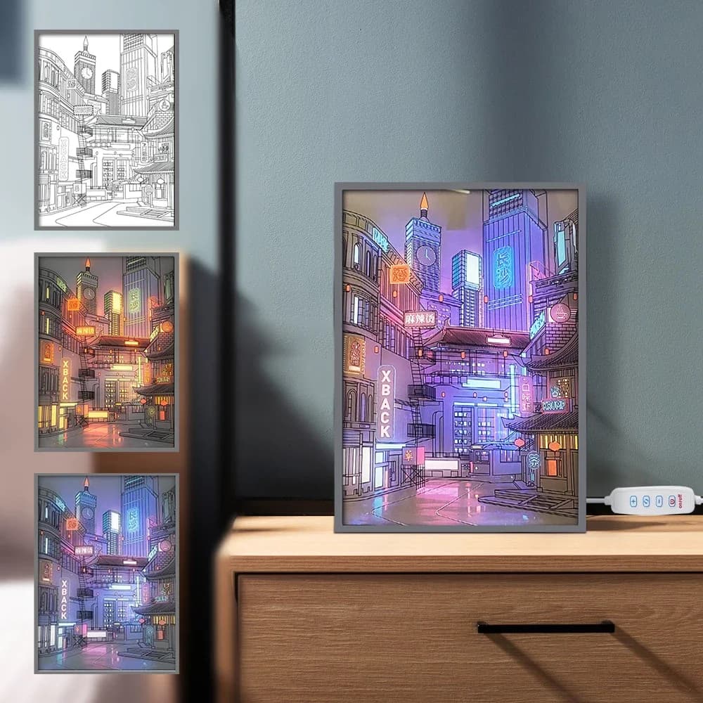 Lampada Notturna LED Anime con Vista Notturna della Città, Immagine HD con Cornice Sottile, USB, Dimmerabile, Decorazione Romantica per la Casa