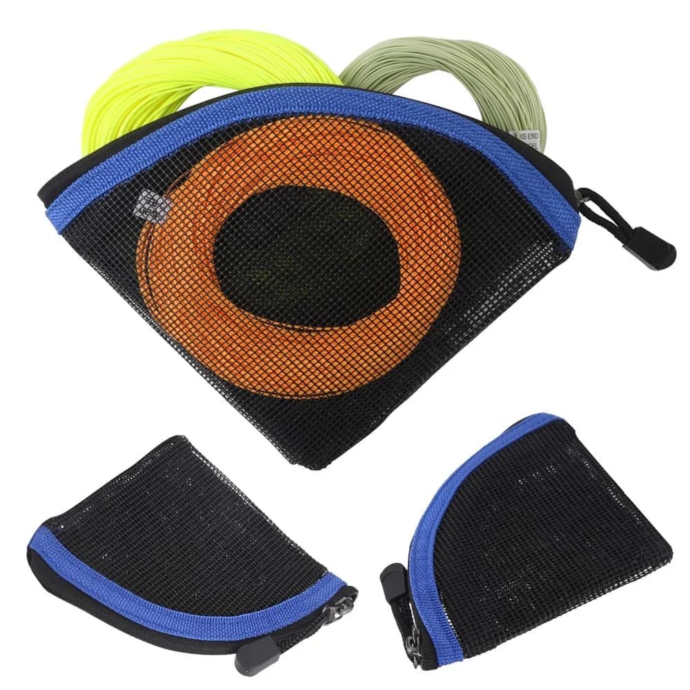 Portafoglio per lenze da pesca con 7 scomparti, chiusura con cerniera, materiale in nylon, struttura a rete, design leggero