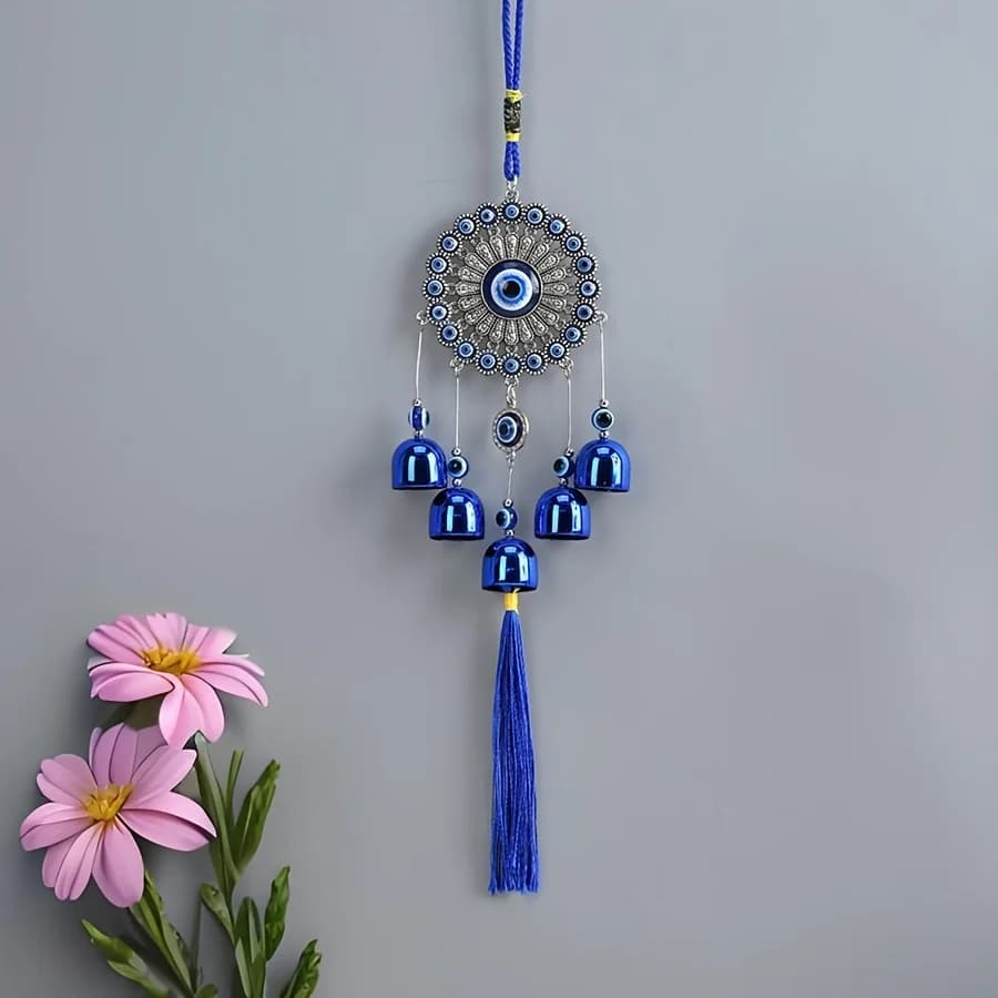 1 Piece of Blue Eye-Shaped Bell Tassel Flower Plate Wind Chime for Entryway, Window Frame, Wall Hanging Decoration, Outdoor Corridor, Balcony, and Garden Decoration