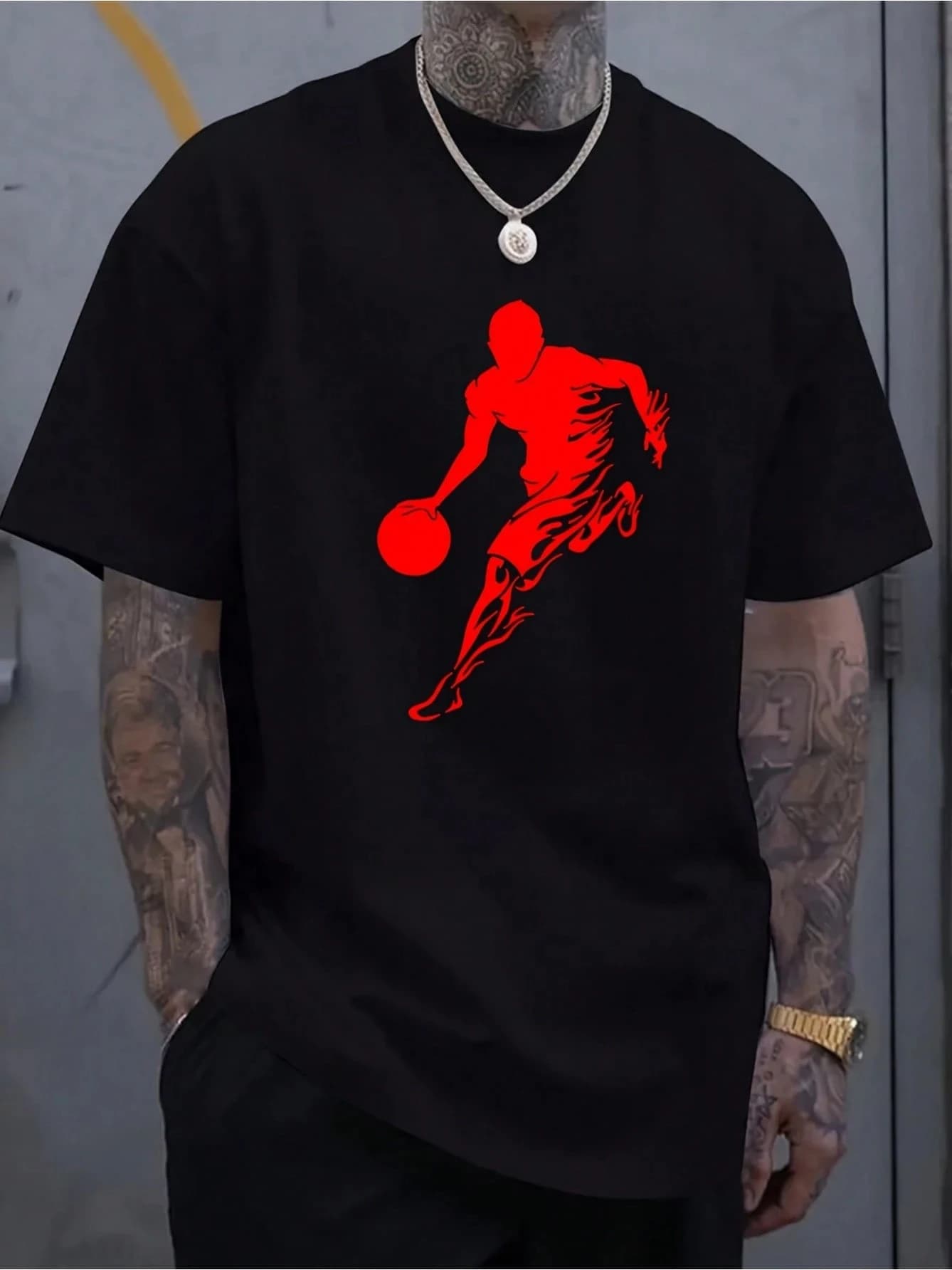 T-Shirt a Maniche Lunghe da Uomo con Stampa Silhouette Basket, 100% Cotone, Collo Rotondo, Leggermente Elasticizzata, Maglia Casual per Tutte le Stagioni