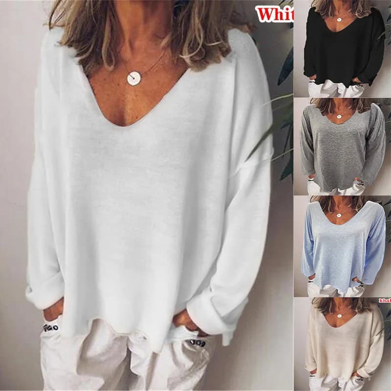 Moda estate nuove donne t-Shirt tinta unita Casual Versatile top larghi camicette con scollo a v camicia a maniche lunghe prospettiva Y2K top