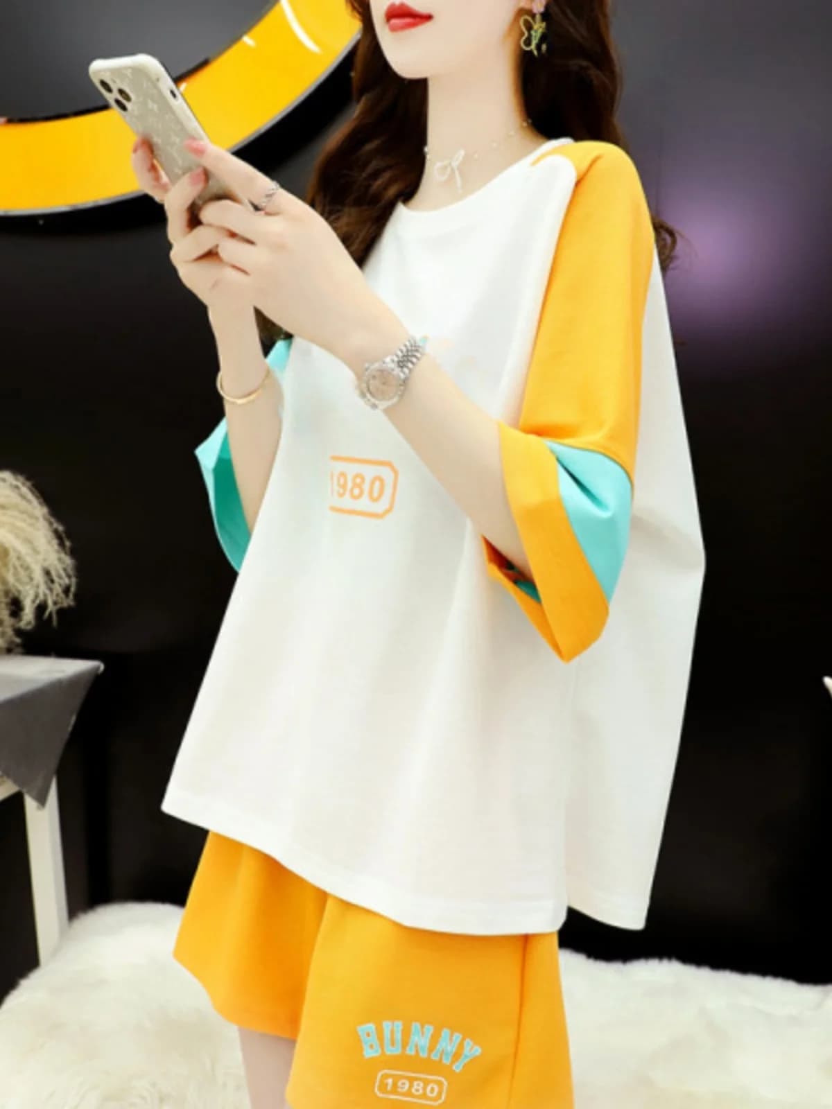 Women's Summer Cotton Short Sleeve Shorts Set Loose Fit Color Block Two Piece Casual Sportswear round Neck Pullover
