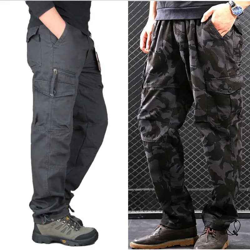 Men Cargo Work Pants Solid & Camo Multi Zipper Pockets Drawstring Hem Wear Resistant Straight Outdoor Hiking Tactical Trousers
