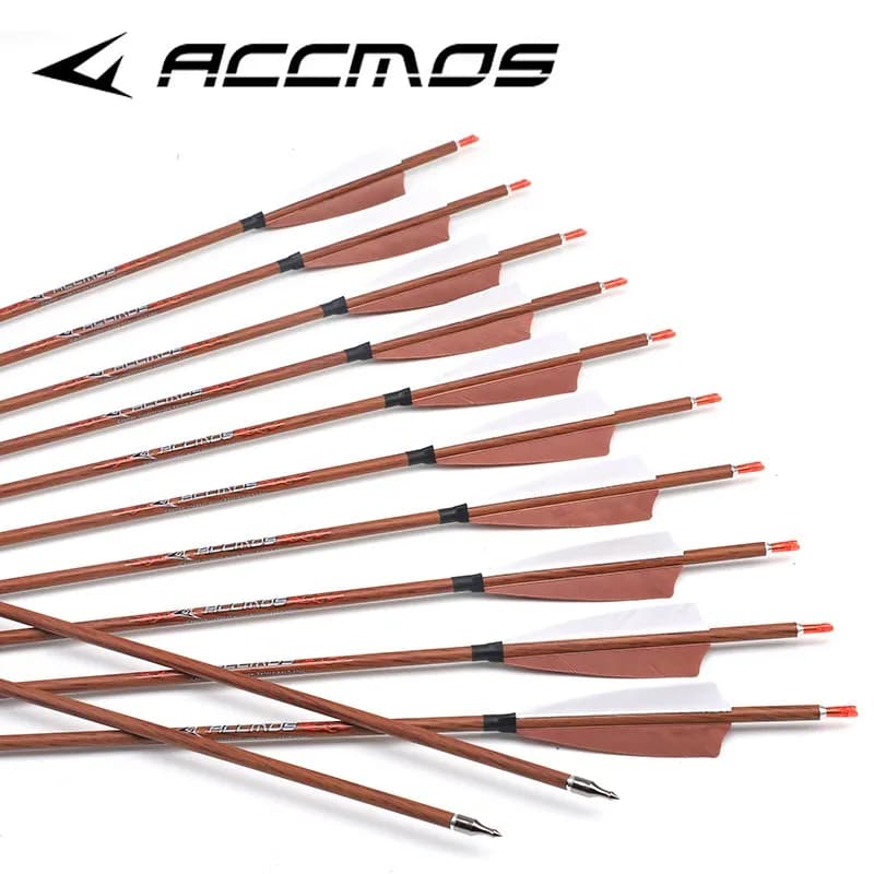 Frecce in carbonio puro ID 6.2mm con asta effetto legno, spine 300 350 400 450 500 550 600 700 800, piume naturali complete per tiro con l'arco e caccia