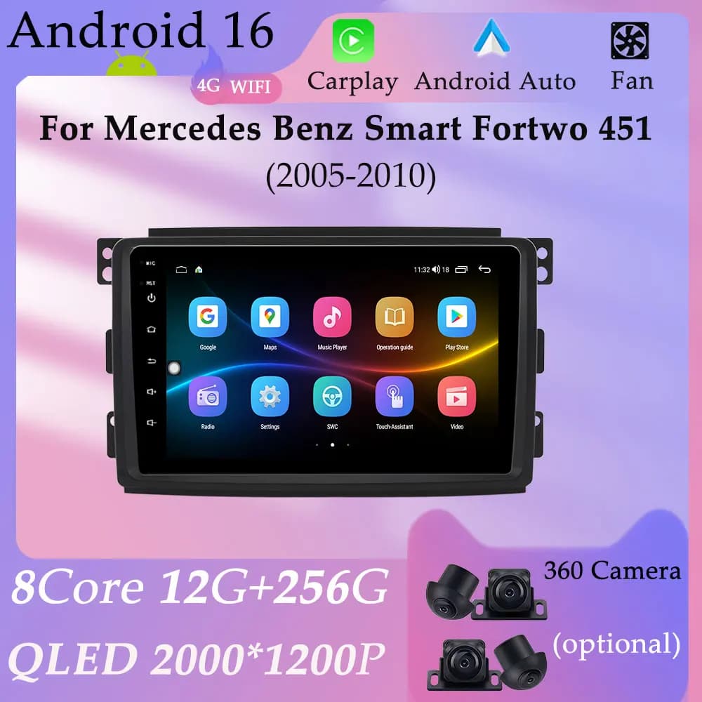 For Mercedes Benz Smart Fortwo 451 2005 - 2010 CarPlay Android GPS Navi Car Radio Multimedia Player Split Screen WIFI DSP Stereo