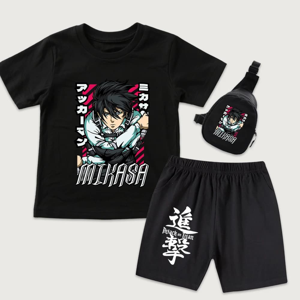 Aot Mikasa Anime Print Kids Cotton T Shirt Shorts Mini Chest Bag 3 Piece Set for Boys Girls Casual Summer Outfit