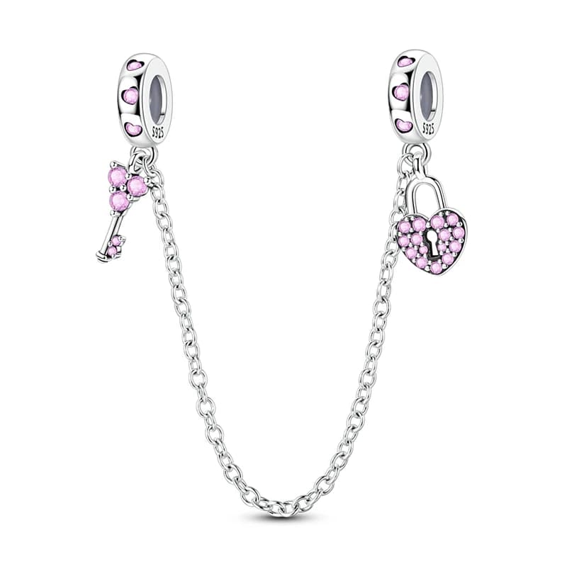Charm in Argento Sterling 925 con Gemma Rosa Scintillante a Forma di Cuore, Catena di Sicurezza con Zirconio Incastonato, Compatibile con Bracciali Originali, Gioielli Fai-da-Te