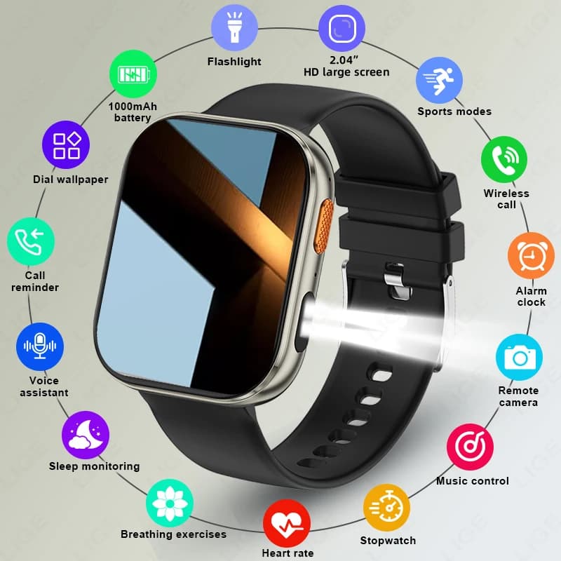 LIGE AMOLED Smart Watch da uomo con schermo da 2.04 pollici, chiamate Bluetooth, monitoraggio della salute, impermeabile IP68, smartwatch sportivo da donna, nuovo per Android IOS