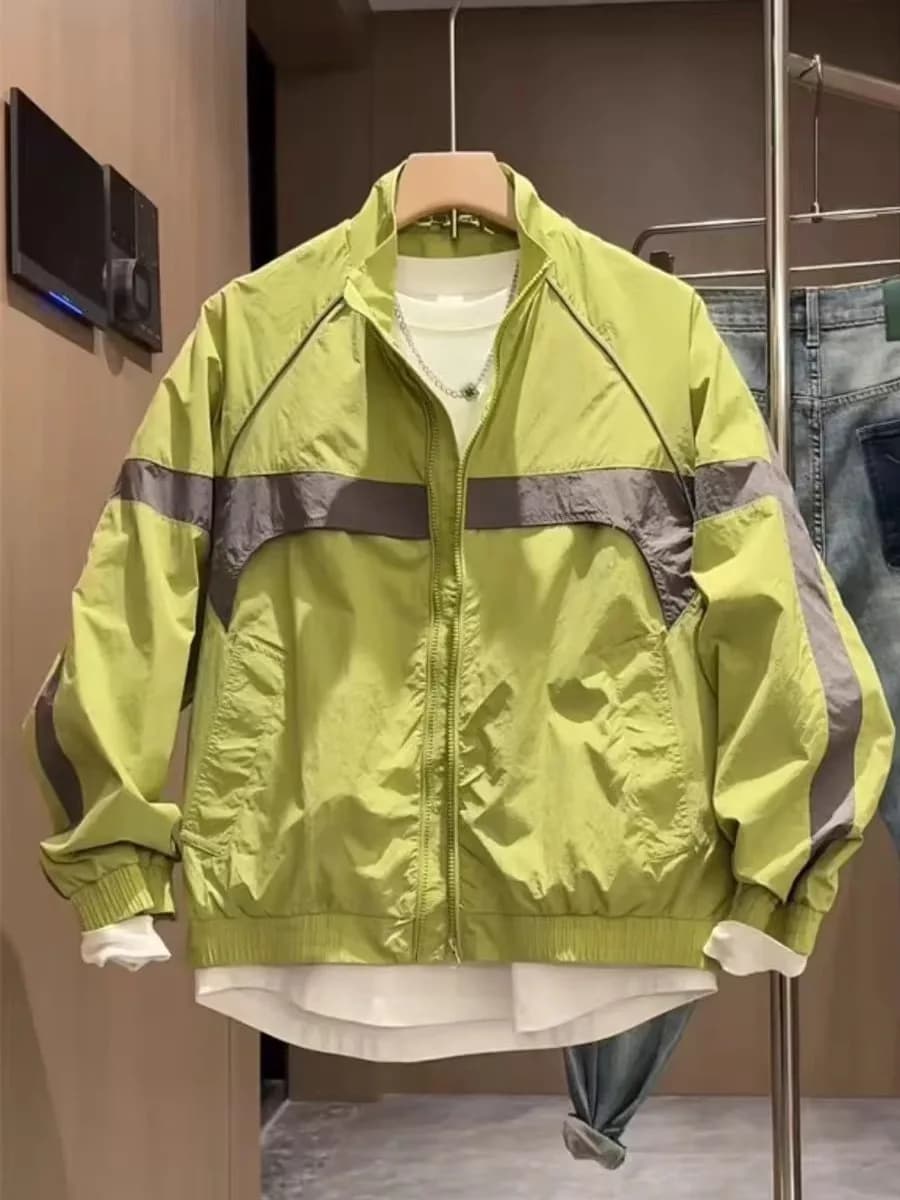 Nuova Giacca Primaverile ed Estiva da Uomo, Moda Casual con Patchwork, Collo Alto, Traspirante in Poliestere, Maniche Lunghe con Zip