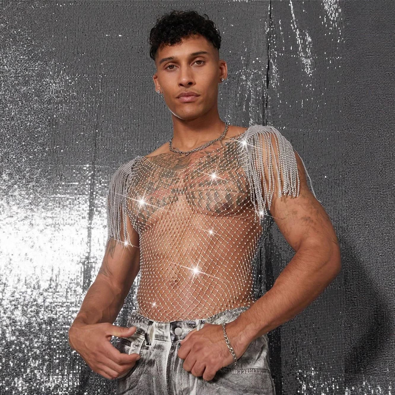Nuova Maglietta Sexy da Uomo con Rete a Maglie Diamantate, T-shirt Trasparente Stile Rete da Pesca per Discoteca