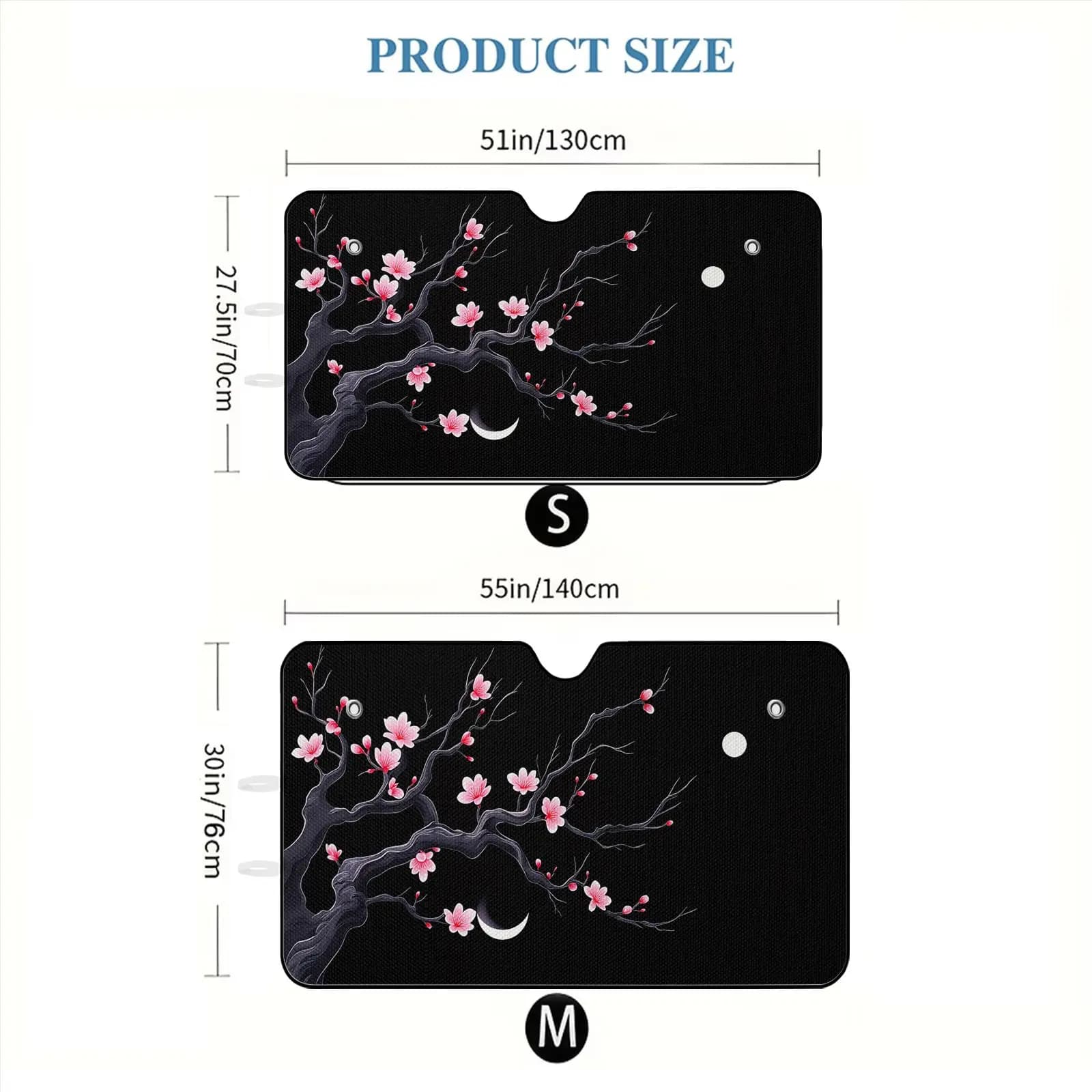Car Windshield Sun Shade | Black Cherry Blossom Tree And Moon Design, Aluminum Material, Universally Applicable For Car Interior