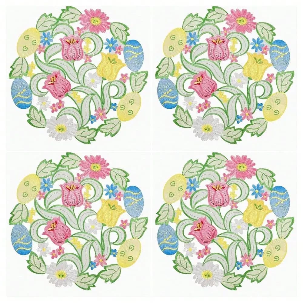 Set di 4 tovagliette primaverili da 14 pollici con ricami floreali e coniglietti, decorazioni per la tavola, tovagliette da cucina e sala da pranzo.