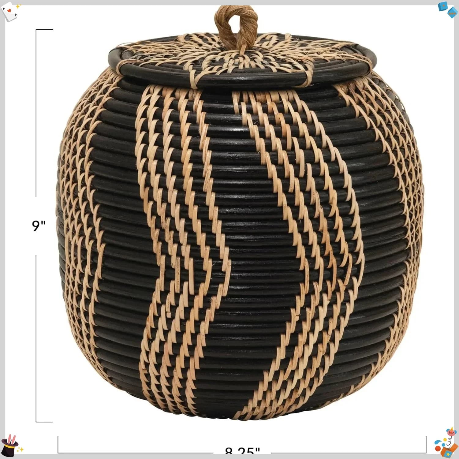 Cestino portaoggetti Boho in rattan intrecciato a mano con coperchio, nero naturale, per giocattoli per bambini e decorazioni per il soggiorno