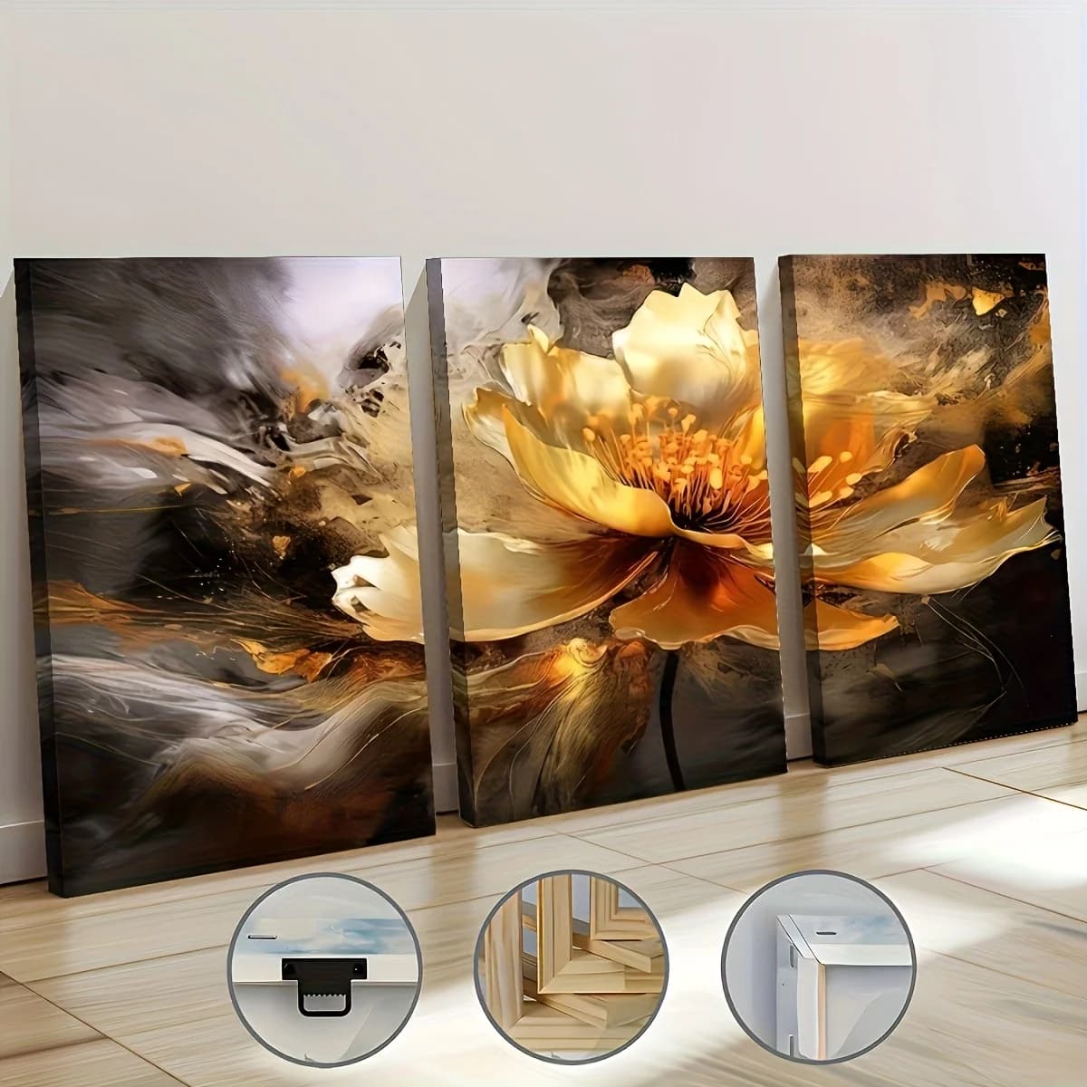 3 pieces of painting on canvas and framed posters, ready to hang, golden floral prints in abstract style, home decorations ideal for gifts