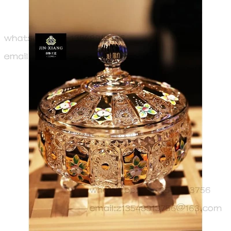Gold-plated craft crystal glass sugar jar, dried fruit snack candy box, fruit plate with lid