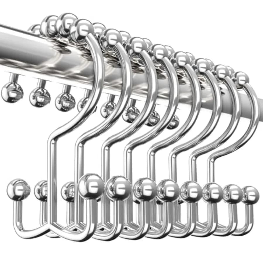Double Glide Roller Set of 12 Shower Curtain Hooks, Double Sided Rings, Rust Proof Shower Curtain Rings