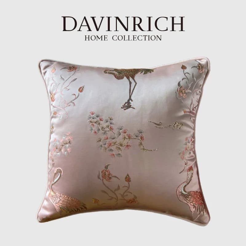 DAVINRICH Fodera per cuscino quadrata antica Lusso Punto oro Gru floreale Jacquard Magnifica federa lombare Retro Rosa