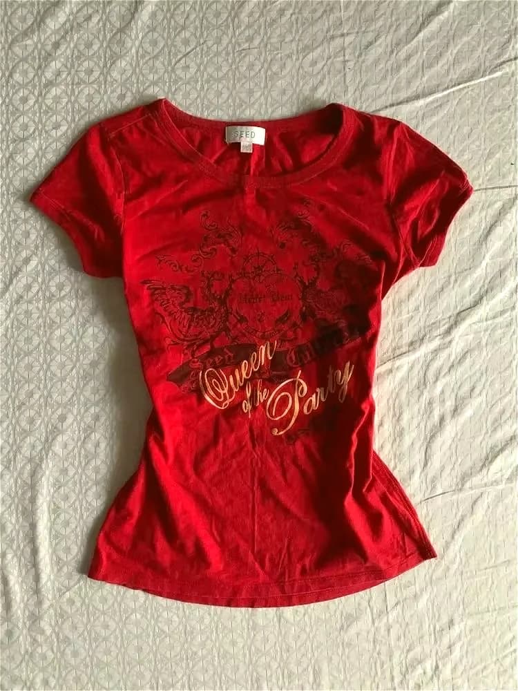 HOUZHOU Vintage Harajuku T-shirt Donna Y2k Rosso Grunge T-shirt grafiche Anni 2000 Gotico Americano Retro Streetwear Estetico Tees
