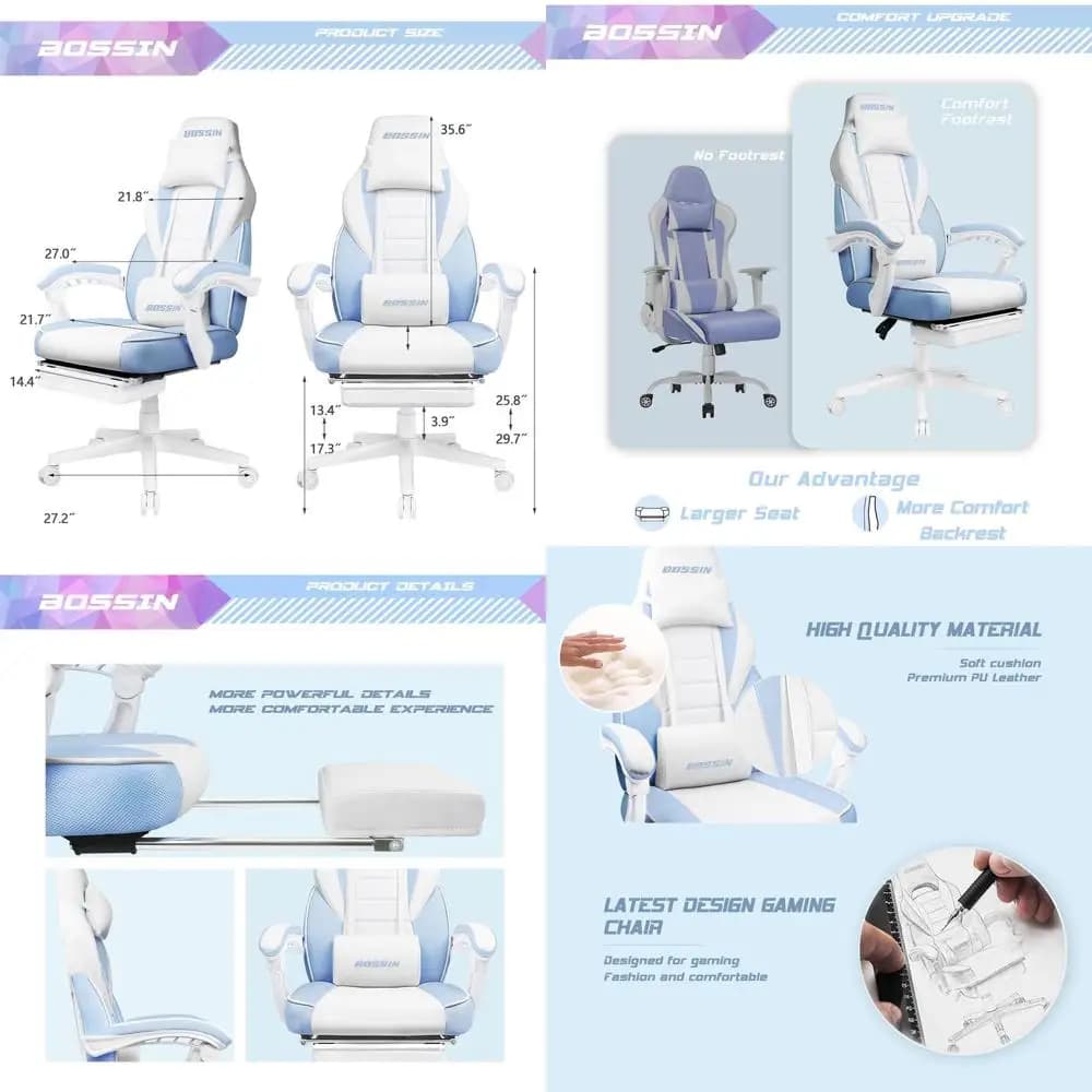 Sedia da Gaming Ergonomica con Schienale Alto, Massaggio, Supporto Lombare e Reclinabile per Utenti di Statura Alta (Bianco e Blu)