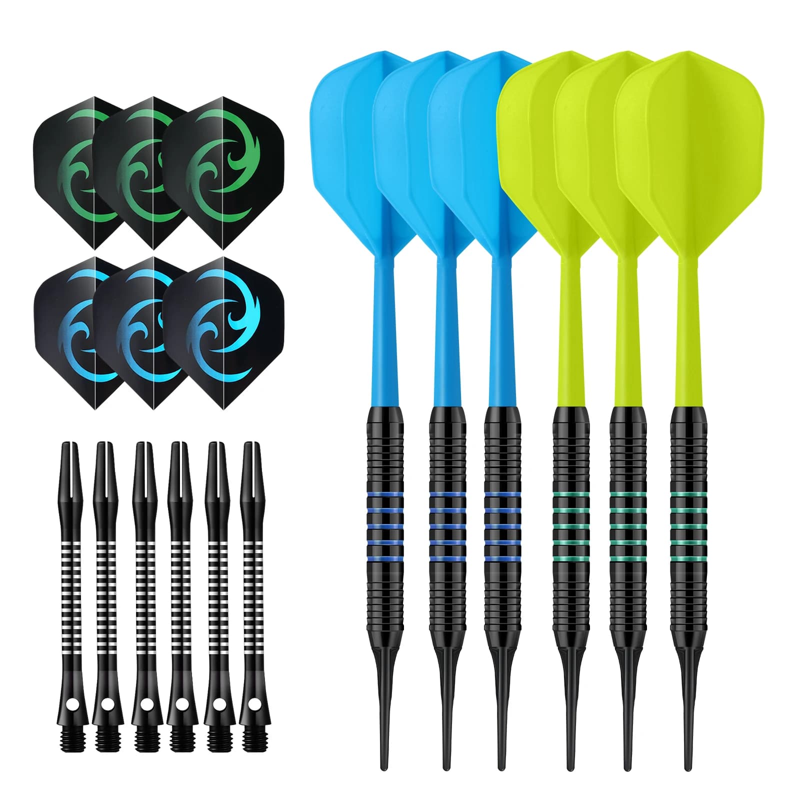 Huanqu 15g Professional Soft Tip Dart Set, 6-Piece Set, Non-Slip Iron Dart Shafts, 2Ba Universal Thread, Includes 20 Spare Soft Dart Tips, Integrated Tail Wing, Detachable Dart Shaft, Pet Dart Wings, Suitable for Electronic Dart Board Training, Home Entertainment, Bar Parties