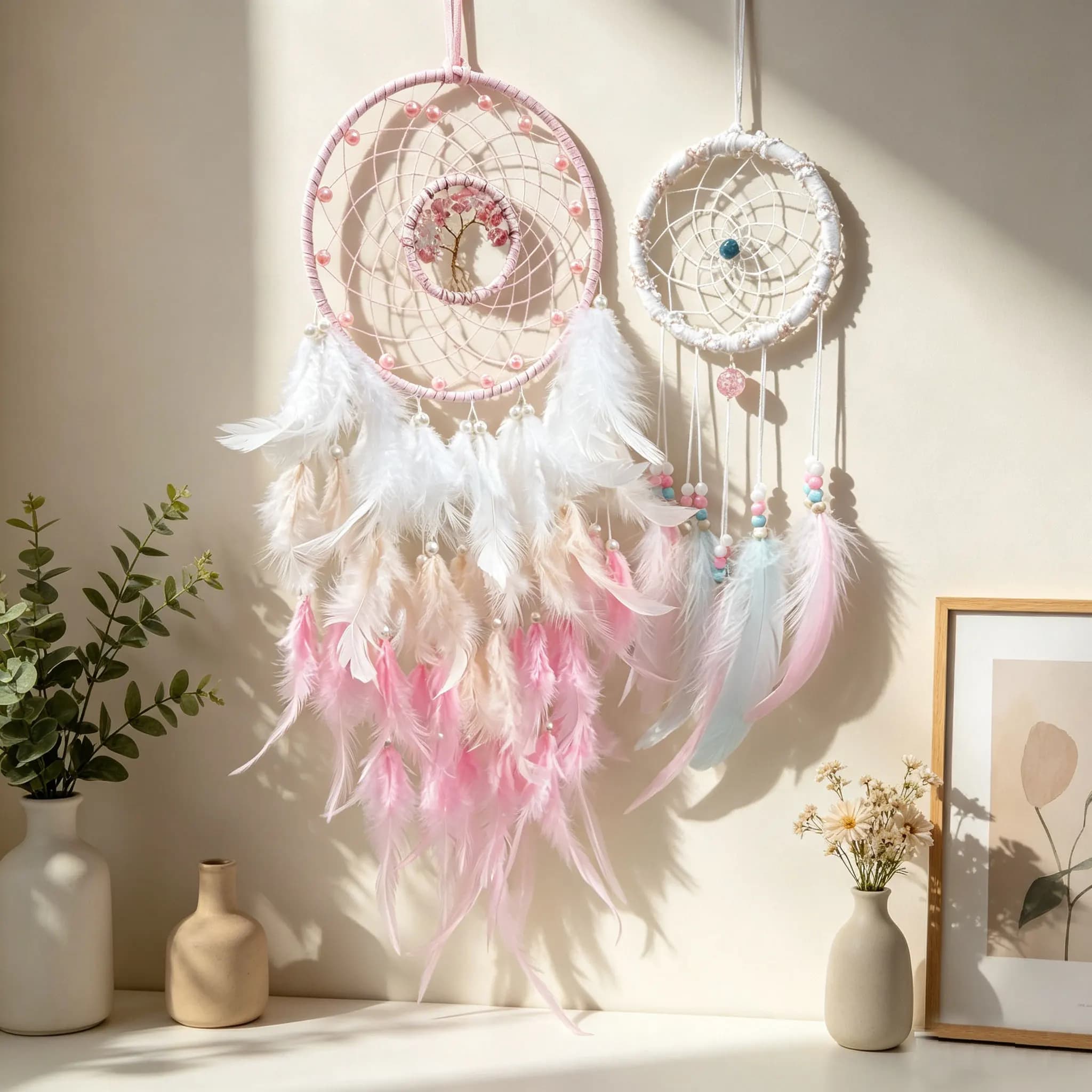 2Pcs Boho Tree of Life Dreamcatcher Large Small Pink White Feather Wall Hanging Ins Home Decor Bedroom Ornament Birthday Gift