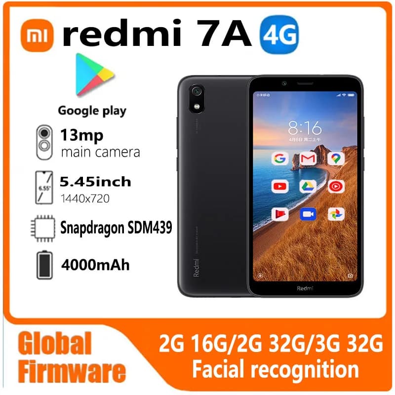 Xiaomi Redmi 7A smartphone firmware globale 4G 5.45 pollici 1440 × 720 13MP Qualcomm Snapdragon 439 riconoscimento facciale telefono usato