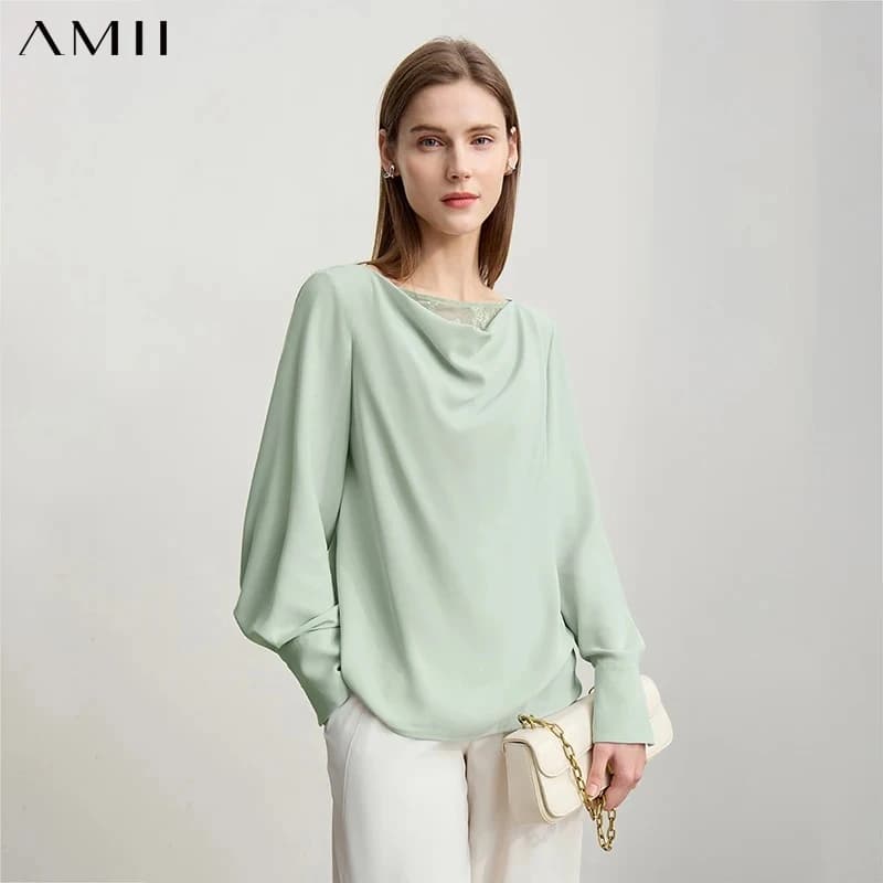Amii Women's Autumn Blouse 2026 New Commuter Lace Swinging Neck Chiffon Elegant Ladies Blouses Loose Long-sleeved Top 12611012