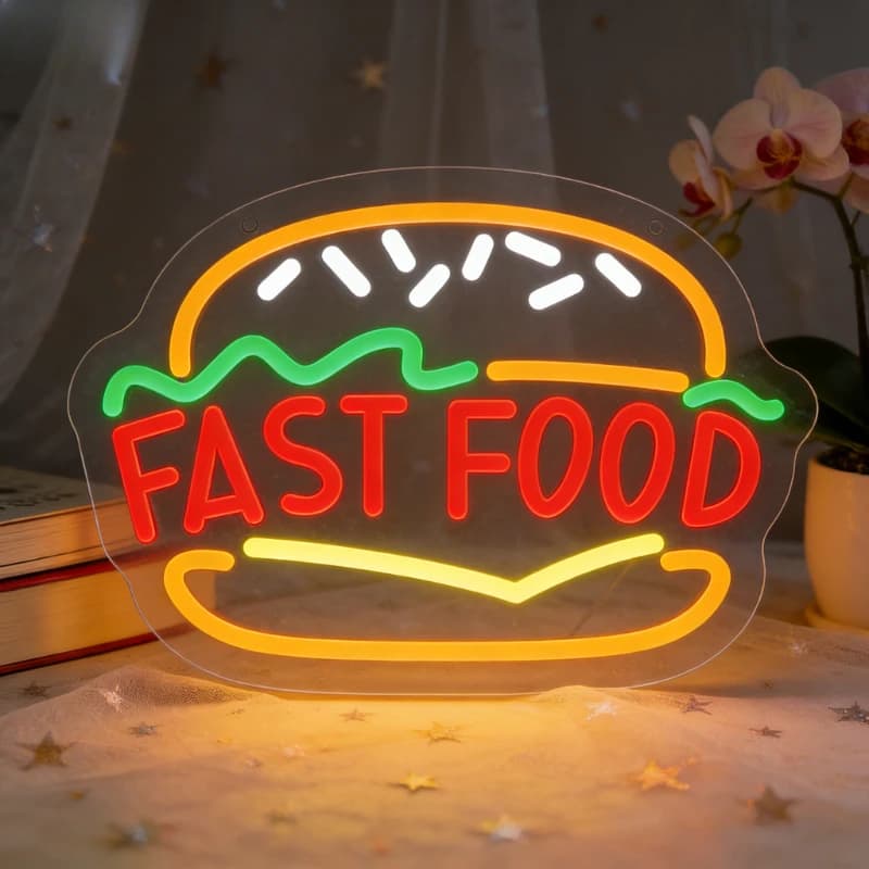 Insegna al Neon LED Dimmerabile per Fast Food, Burger, Diner, Negozi d'Asporto, Decorazione Murale per Cucina, Insegna Alimentare, Decorazione per Vetrine di Burger