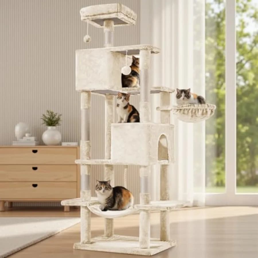 Torre per Gatti da 66 Pollici, Albero Arrampicabile Multilivello con Posti di Tiraggio in Sisal Naturale, Amaca e Cuccia per Gatti da Interno