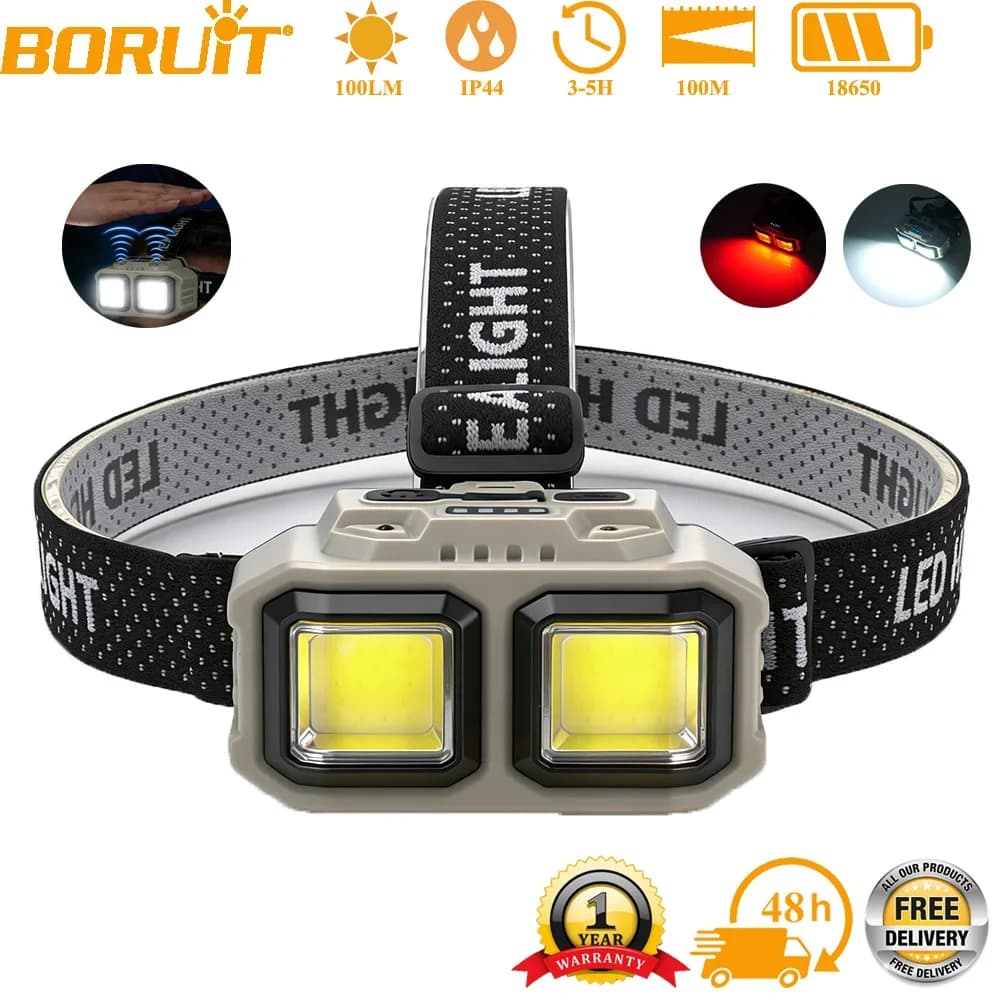 BORUiT Lampada Frontale LED Ricaricabile USB con Sensore di Induzione, 4 Modalità di Illuminazione e Batteria Integrata per Campeggio e Pesca