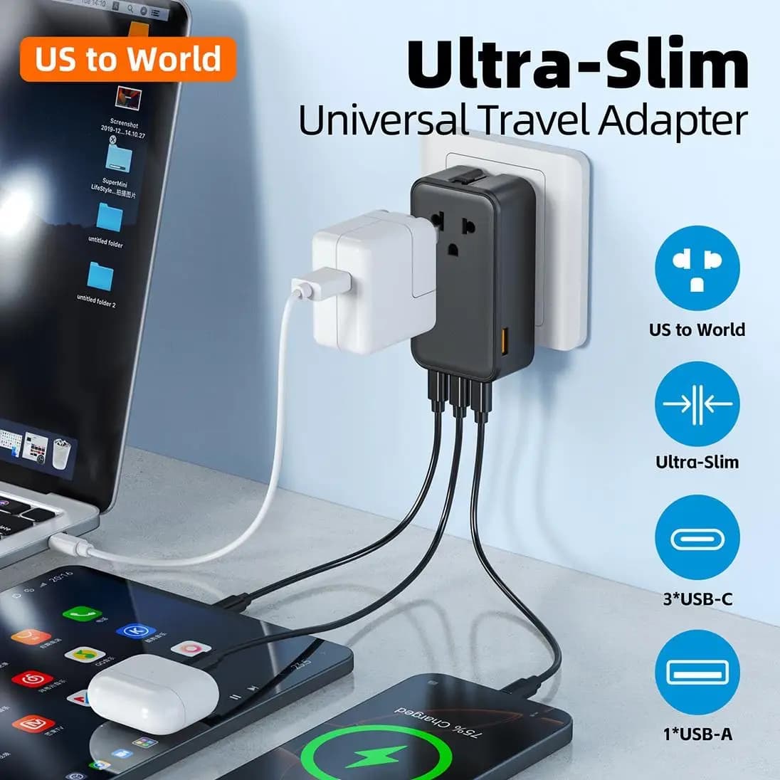 70W Universal Travel Adapter, International Plug Converter with 3 USB-C & 1 USB-A Ports for US EU UK AU Global Travel Charging