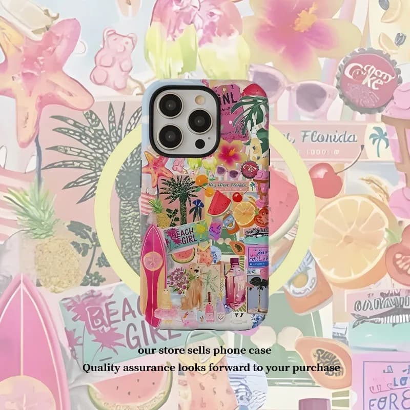 Ins Summer Colorful Fruit Stickers Marble Pattern Case for IPHONE 16ProMax 15 14 13 12 11 PRO Acrylic TPU Two in One Phone Cases