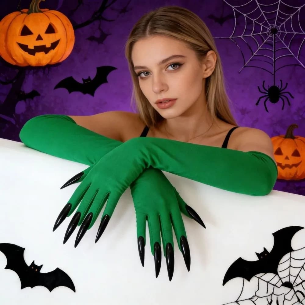 Cool Fancy Props Halloween Cosplay Gloves Long Nails Solid Color Witch Cosplay Costume Long 43cm Ghost Claw Mittens Women