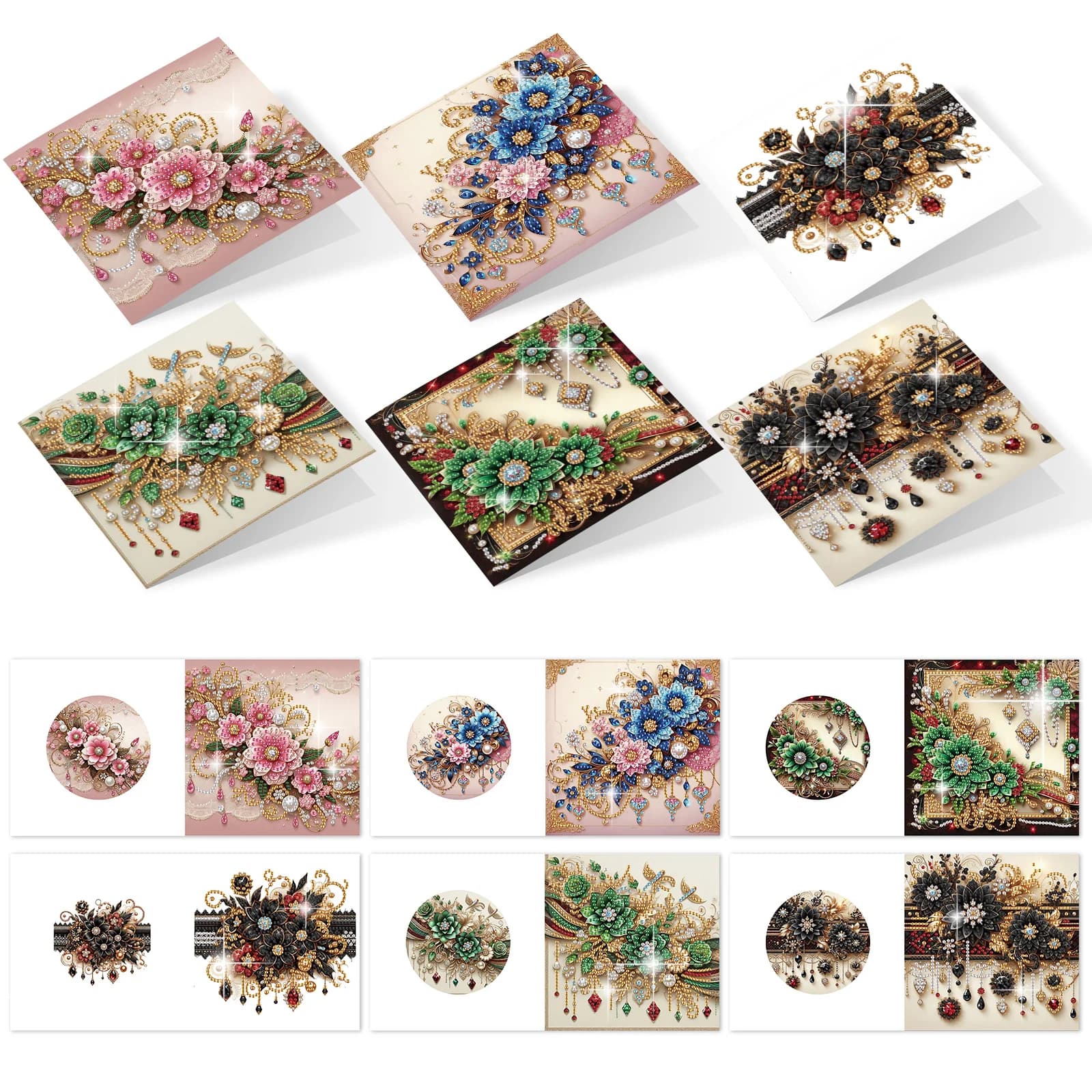 Kit di biglietti d'auguri con pittura diamante da 6 pezzi, biglietti creativi di auguri di festival fatti a mano con fiori fai-da-te