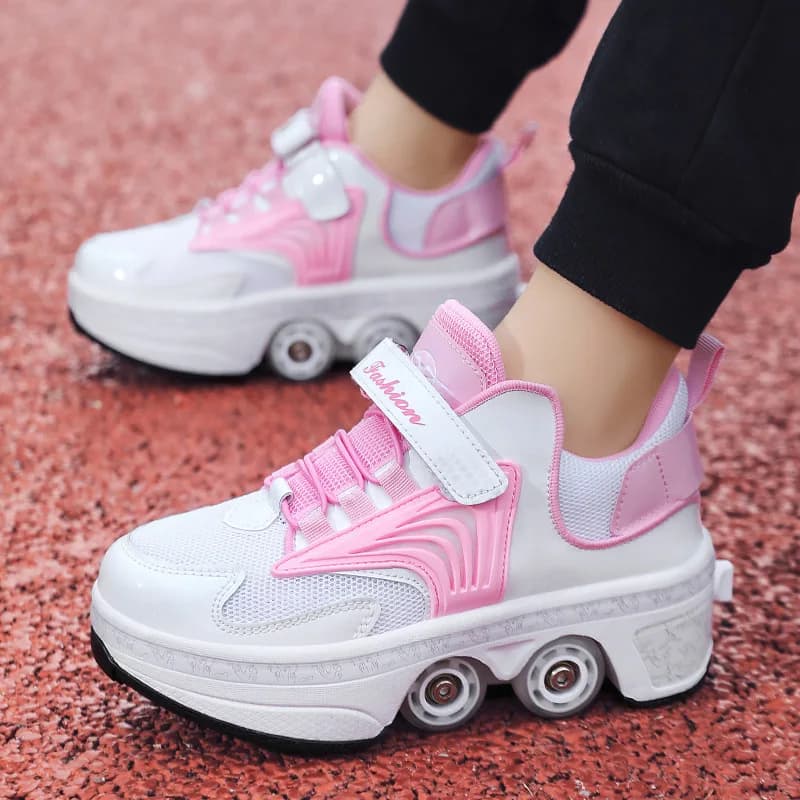 4-wheeled double purpose roller shoes for kids Deformed shoes for kids outdoor with wheels Fashionable Parkour gymnastics shoes for girls gift