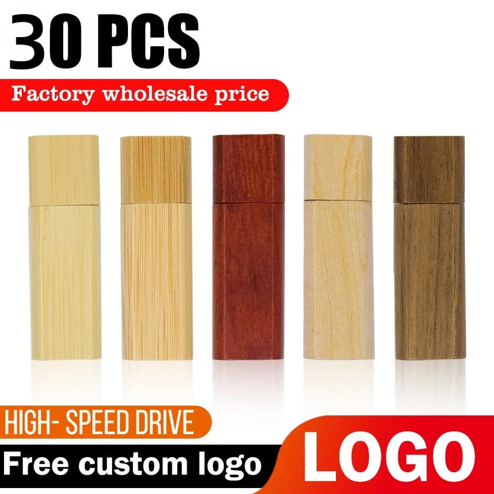30 pz/lotto Chiavetta USB in Legno Personalizzabile con Logo Gratuito, in Acero + Scatola, Pendrive 8GB 16GB 32GB 64GB 128GB, Regalo di Nozze