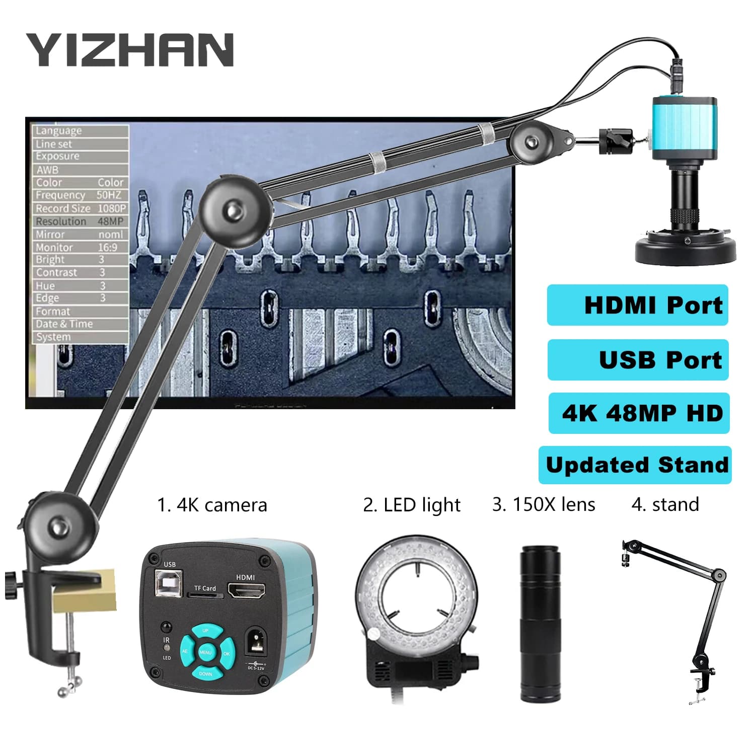 Yizhan 1080P 4K HD Microscopio industriale per microscopio di saldatura 48MP HDMI VGA USB Microscopio digitale Fotocamera Supporto per braccio aggiornato