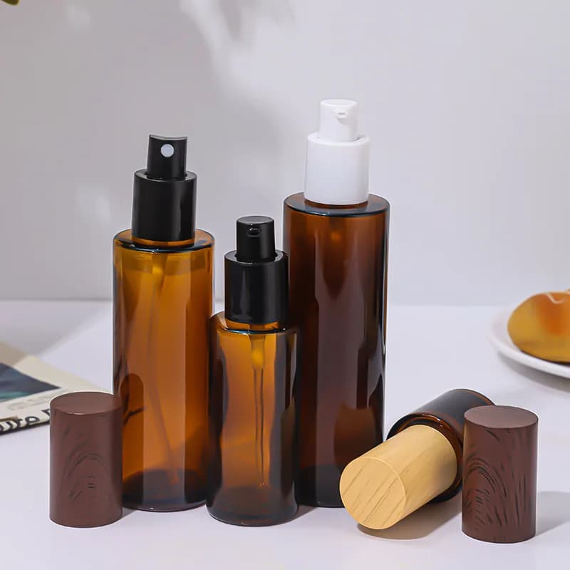 1 Pezzo Flacone in Vetro Ambrato 20ml-100ml con Pompa Dosatrice, Contenitore Ricaricabile per Sapone con Tappo Color Legno per Cosmetici