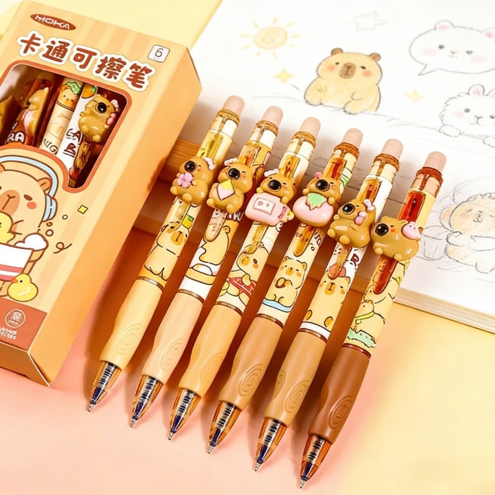 Set da 6 Penne Gel Cancellabili Kawaii Capybara 0.5mm Inchiostro Blu con Gomma per Correzione Postura di Scrittura - Cancelleria per il Ritorno a Scuola