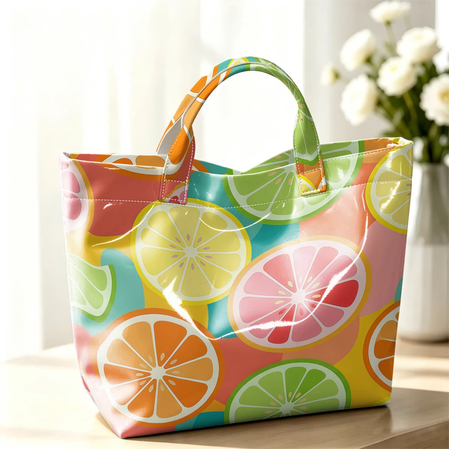 Mixed Citrus Slice Stylish Large Glossy PVC Tote Bag Washable Waterproof Durable Ideal for Travel Commute Cosmetics Handbags