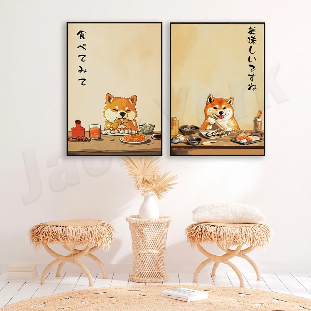 Japandi Shiba Inu Wabi Sabi print, poster giapponese, cane esteticamente divertente che mangia sushi, arredamento moderno, regalo per gli amanti dei cani