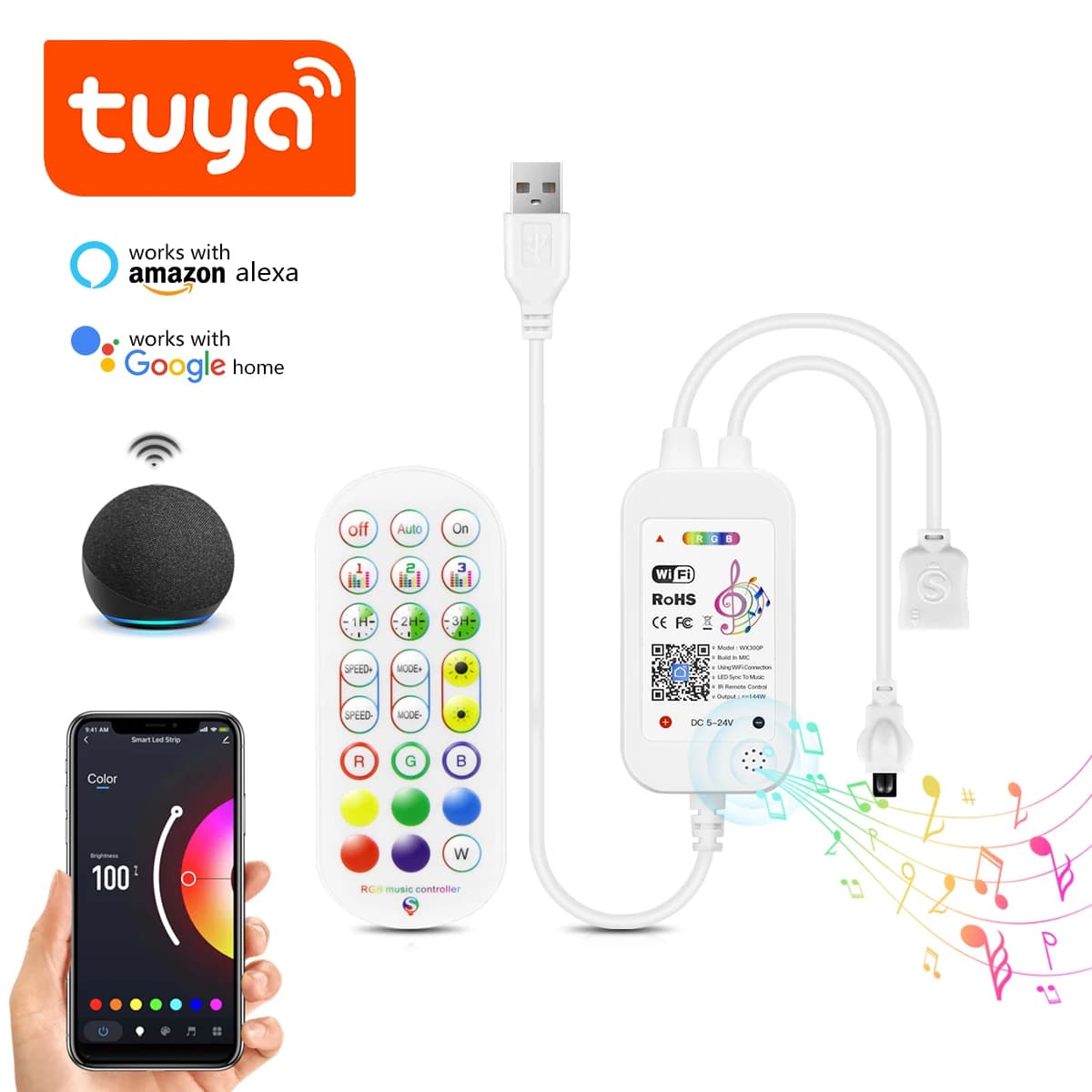 Controller e telecomando DC5V Tuya APP Wifi LED RGB, funziona con Alexa e Google home per striscia LED RGB 5V 4 pin e striscia al neon RGB