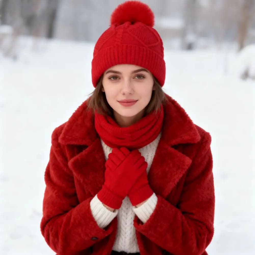 Solid Color Hat Scarf Gloves Winter Accessories Set Women's Twist Texture Hat Scarf Gloves with Plush Lining Solid for Warmth