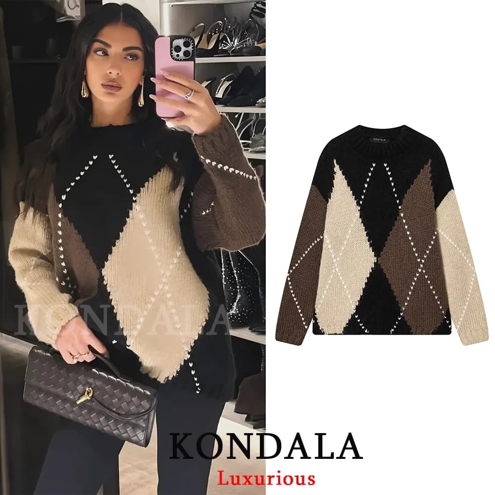 KONDALA Maglioni lavorati a maglia scozzesi vintage Donna Manica lunga O Collo Top spessi larghi Moda 2025 Autunno Inverno Maglioni spessi e caldi