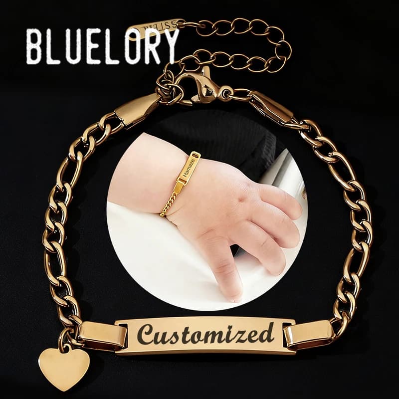 Braccialetto con nome personalizzato Bluelory, regalo personalizzato per neonati e bambini, ciondoli personalizzati in acciaio inossidabile, gioielli con catena Figaro